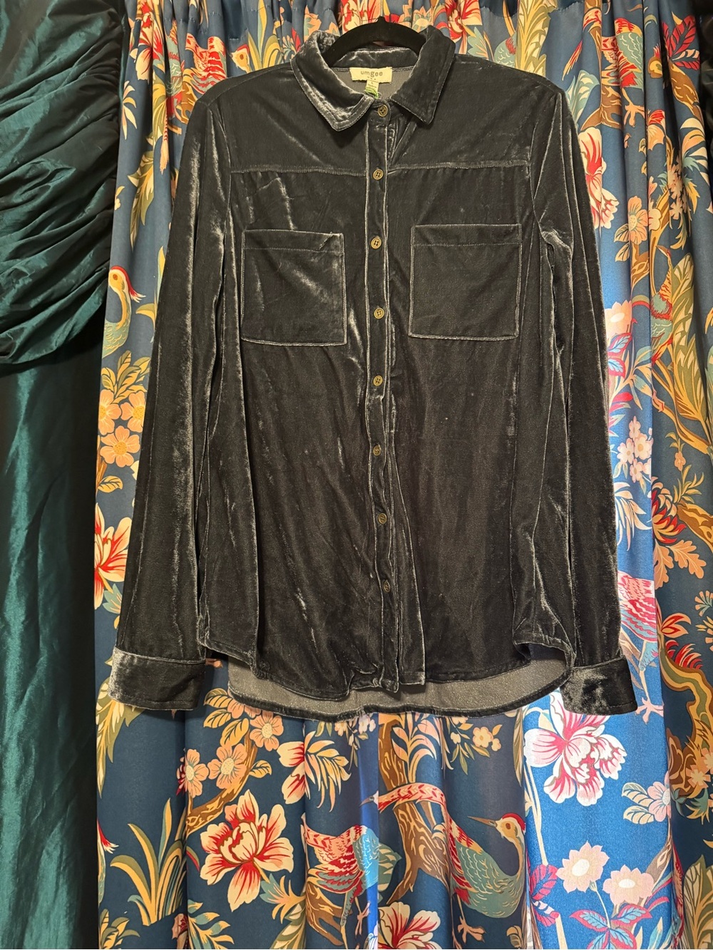 Umgee Blue Grey Velvet Button Front Shirt Jacket Size L